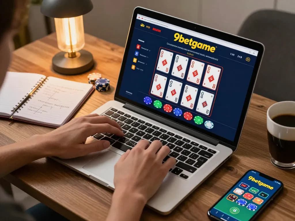 Engaging gameplay scene showing 9betgame action on laptop, featuring active betting on blackjack.