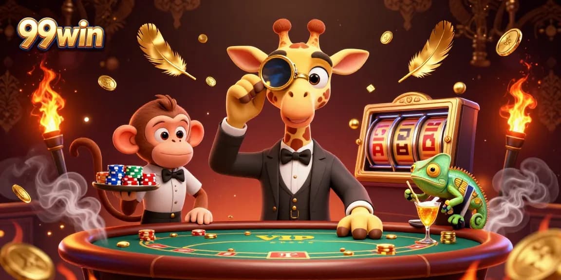 Experience the vibrant energy of 99win with an ultra-detailed scene showcasing a high-roller giraffe at a casino table.