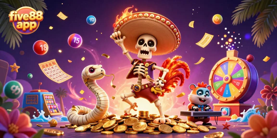 Engage with the exciting five88 app as colorful lottery balls dynamically surround a celebratory mariachi rooster.