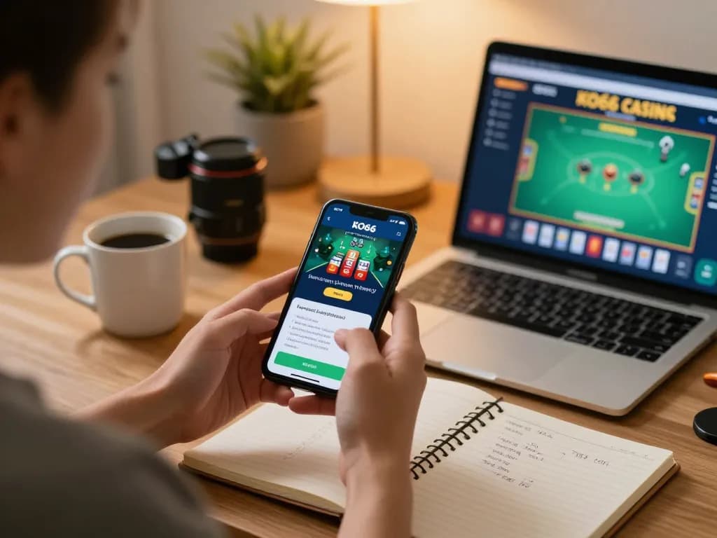 Chơi ứng dụng casino KO66 trên smartphone trong không gian chơi game ấm cúng tại nhà với những ghi chú.