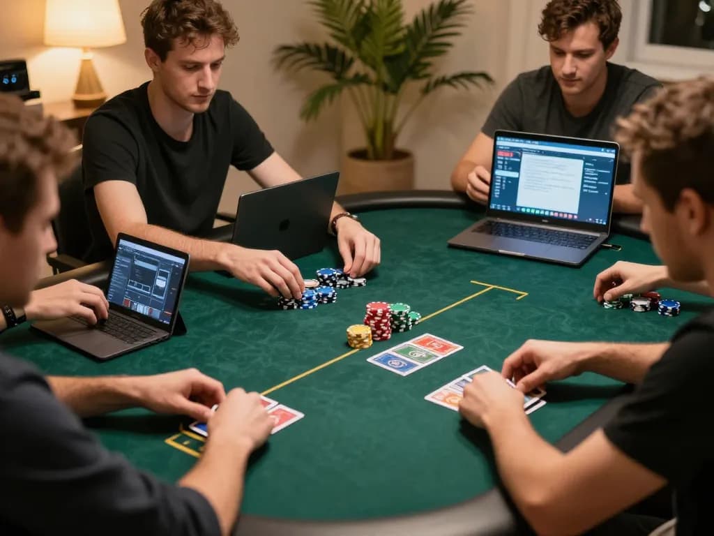 Players enjoying ee88 online poker with chips and cards during a cozy at-home game session