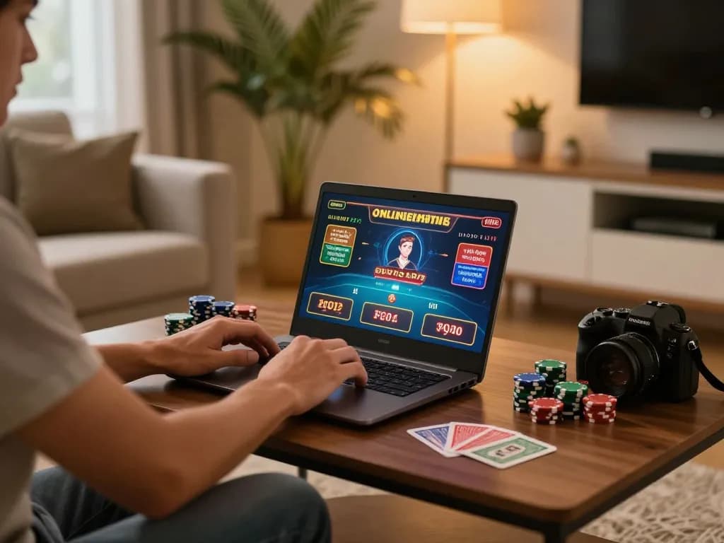 Player engaging with Jun88 online casino app on laptop during a cozy home gaming session.