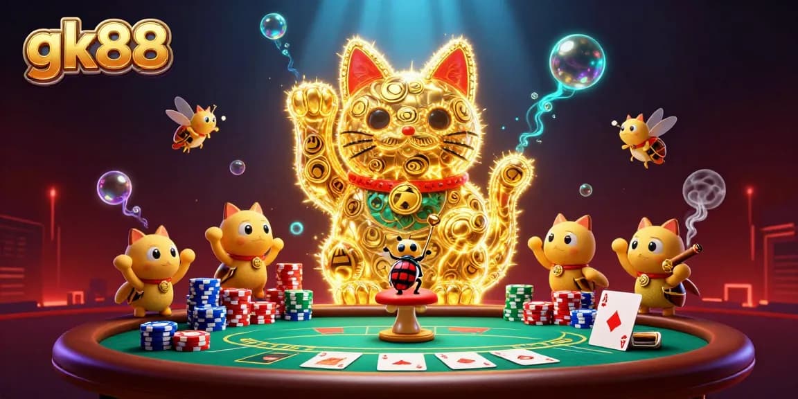 Experience gk88's vibrant casino world with golden elements and an enchanting lucky cat!