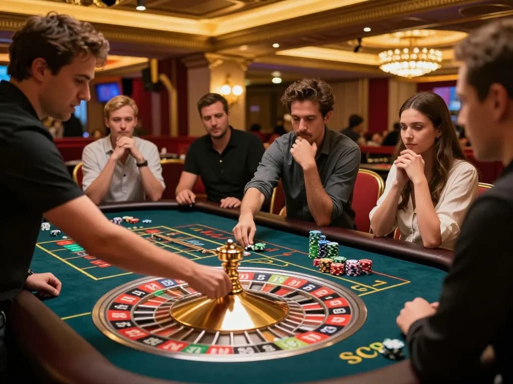 Players experience the thrill of SC88 game roulette in a vibrant casino atmosphere, capturing the excitement of betting.