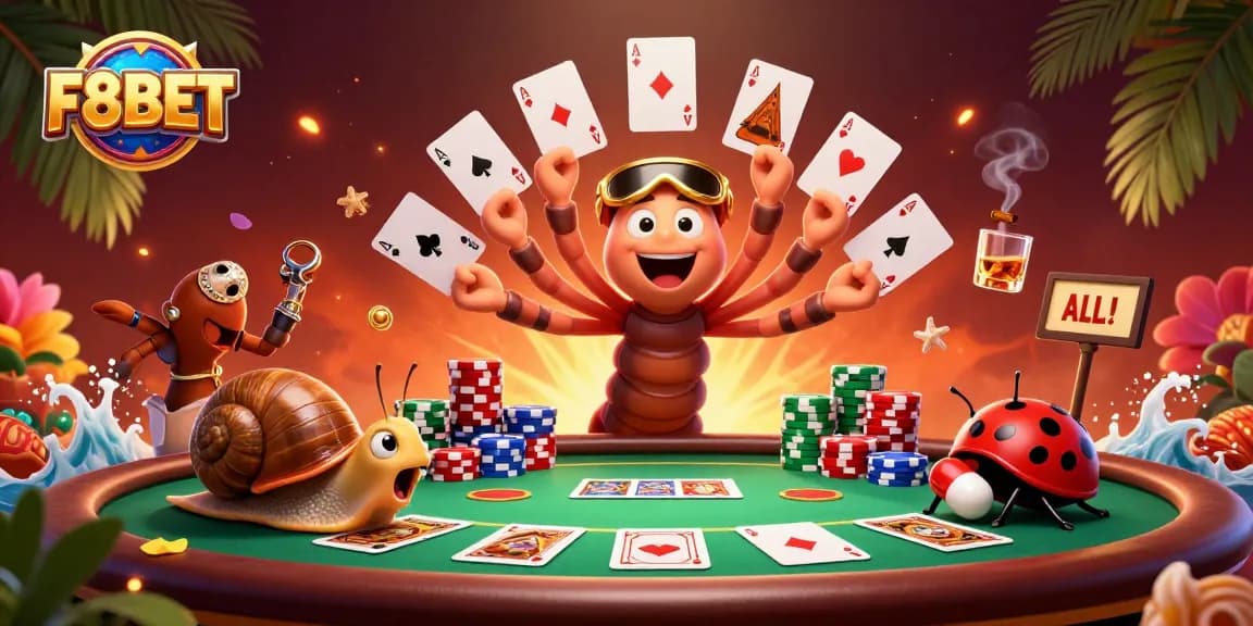 Join the excitement at F8BET with an animated 3D casino scene showcasing a vibrant poker game.
