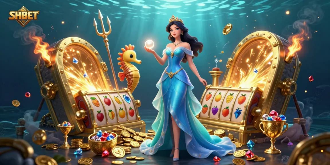 Engage in thrilling casino adventures with SHBET featured in a vibrant underwater treasure scene.