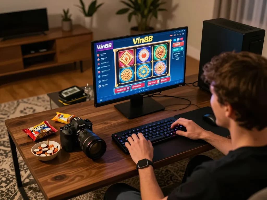 Engaging gameplay on Vin88 as player enthusiastically bets on an online slot machine from a cozy home setup.