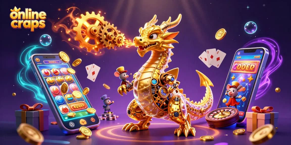 Experience the thrill of online craps with a powerful scene featuring a golden dragon and casino elements.