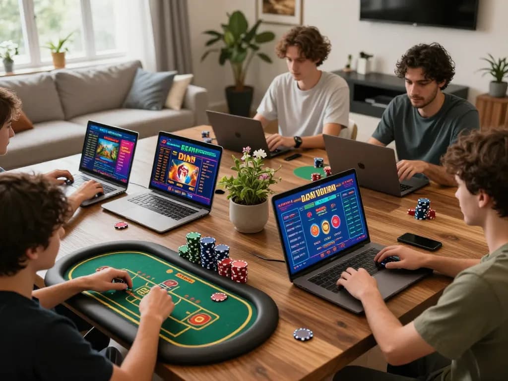 Players engaging in online gaming on laptops showcasing xin88 casino excitement and vibrant interfaces
