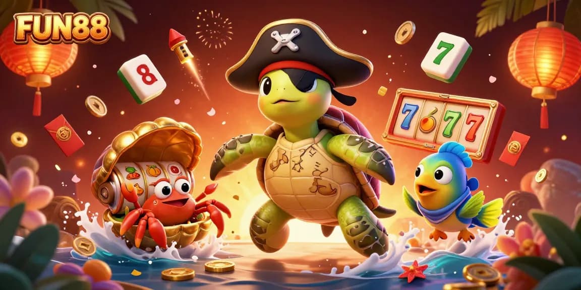Join FUN88's thrilling slot adventure with a playful pirate turtle and friends above vibrant treasures.