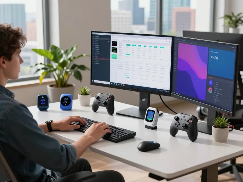 Innovative tech gadgets on a modern workspace desk highlighting productivity and creativity