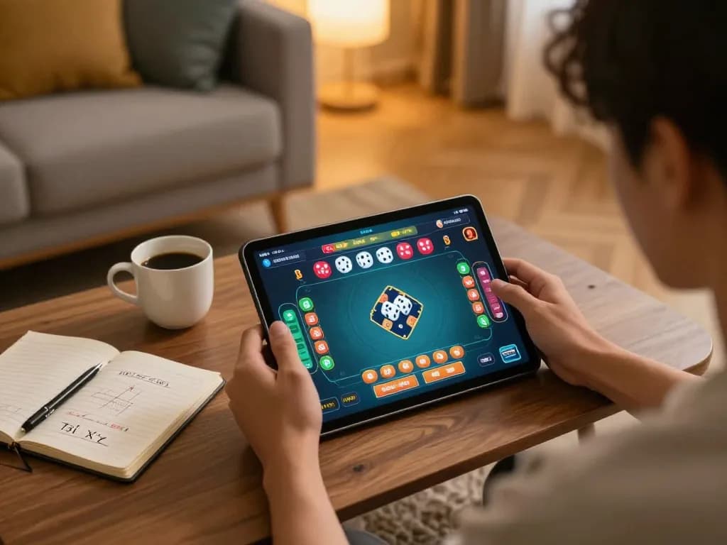 TaiXiuOnlineGo player enjoying live Tài Xỉu game on tablet in a cozy setting.