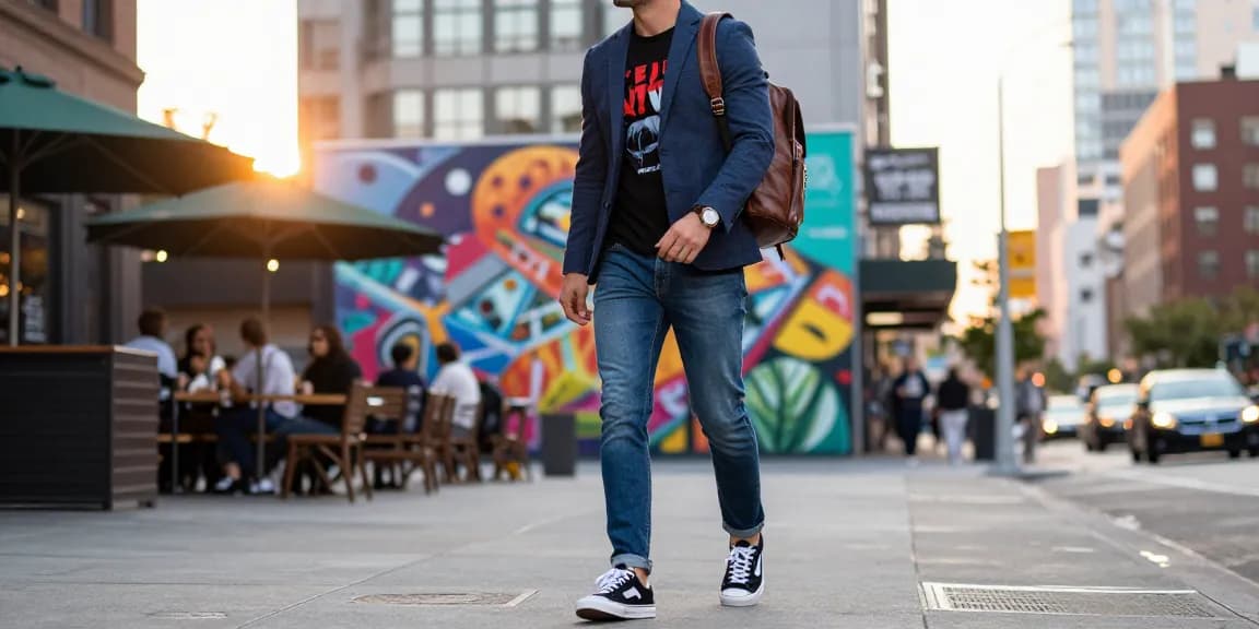 Men's fashion scene with a stylish man in trendy outfit walking down a vibrant city street.