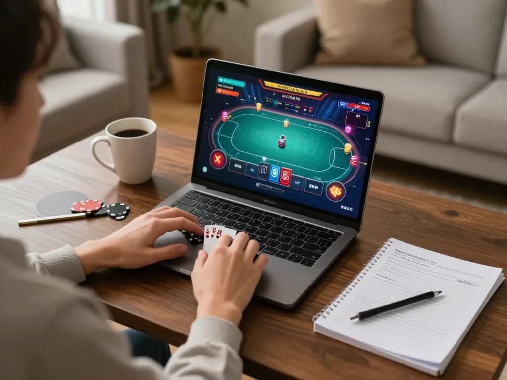 Person enjoying poker gameplay on laptop from home while using strategies at Dabet