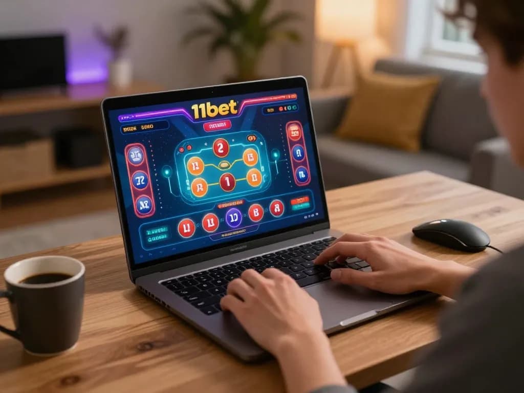 Engage with 11bet's online casino platform while placing strategic bets in a cozy home setup