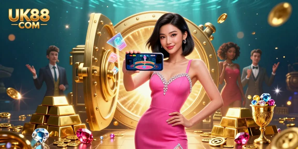 Engage with thrilling games at UK88 COM, featuring a stunning woman with casino elements.