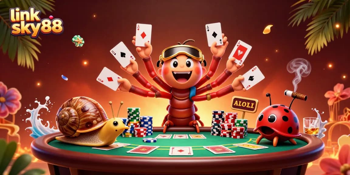 Experience the thrill of link sky88 with a vibrant 3D casino scene of a millipede dealer and high-roller snail.