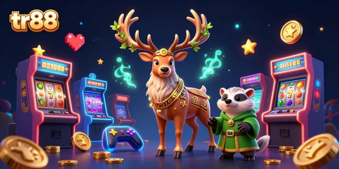 Win big at tr88 with a dynamic 3D scene featuring a druid stag, arcade games, and colorful casino elements.