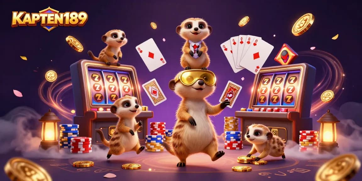 KAPTEN189 mengungkapkan keseruan bermain slot online dengan ilustrasi kasino yang dinamis dan penuh warna.
