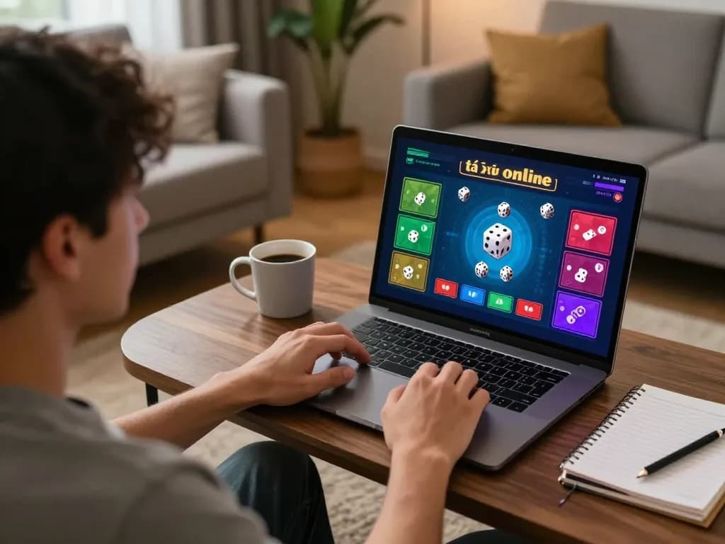 Tai xỉu online gameplay on a laptop in a cozy living room, showcasing strategic betting decisions