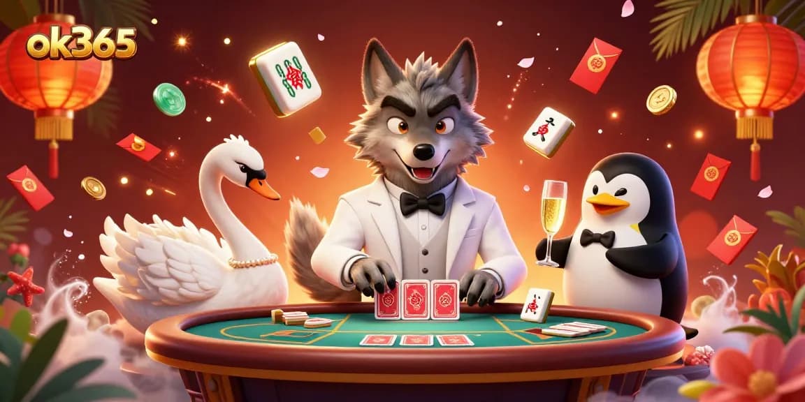 Join the thrilling action at ok365 with a baccarat table scene featuring a debonair wolf, a card-dealing swan, and a penguin sommelier.