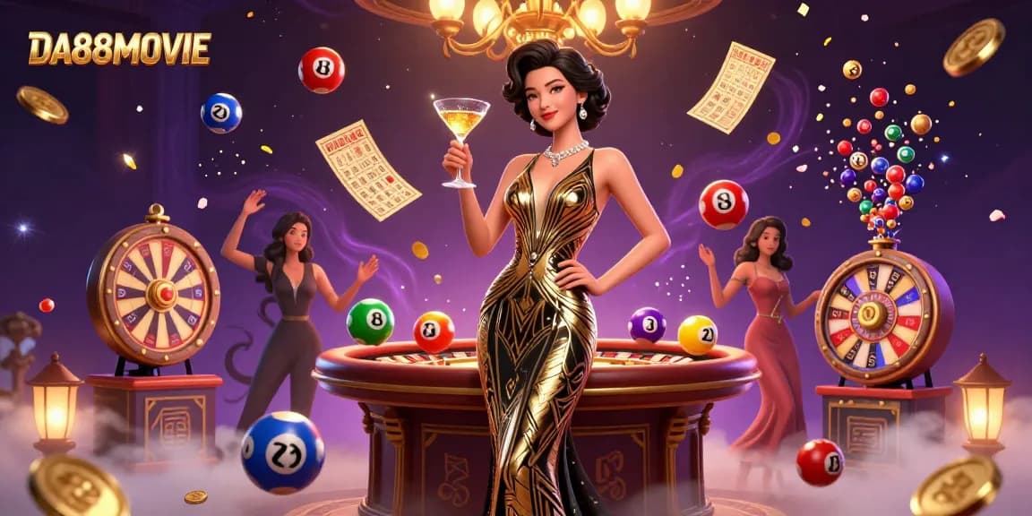 Experience the thrill of DA88MOVIE with a glamorous casino scene featuring dynamic lottery elements.