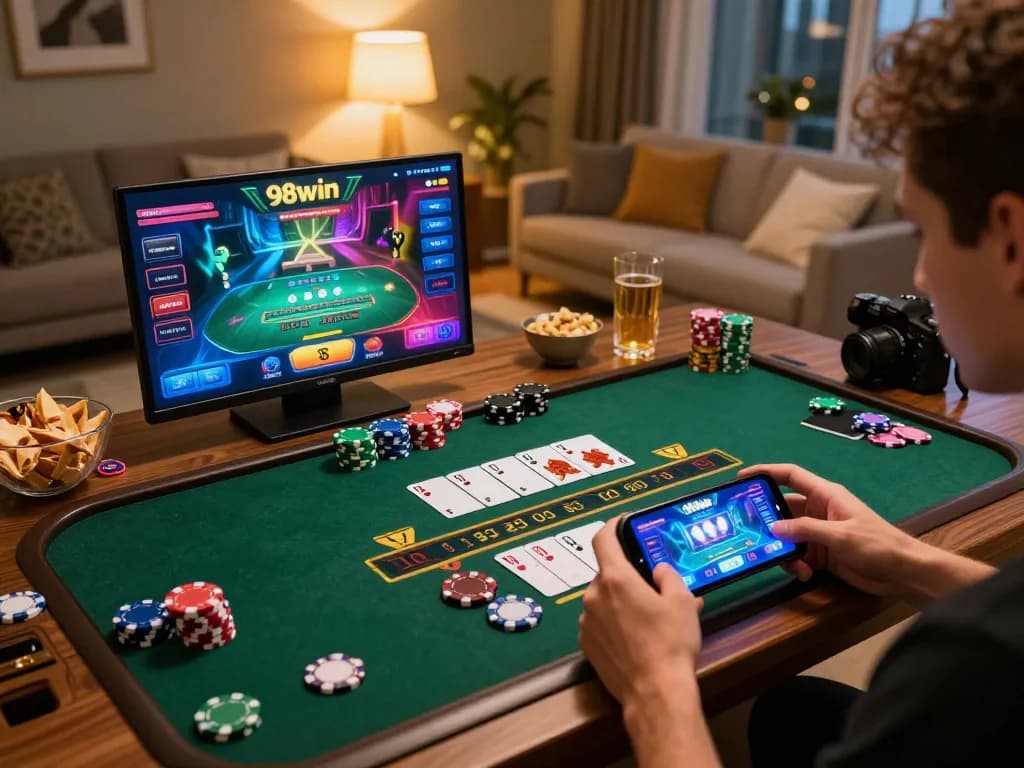 Play blackjack online at 98win with a smartphone in a cozy home setting.