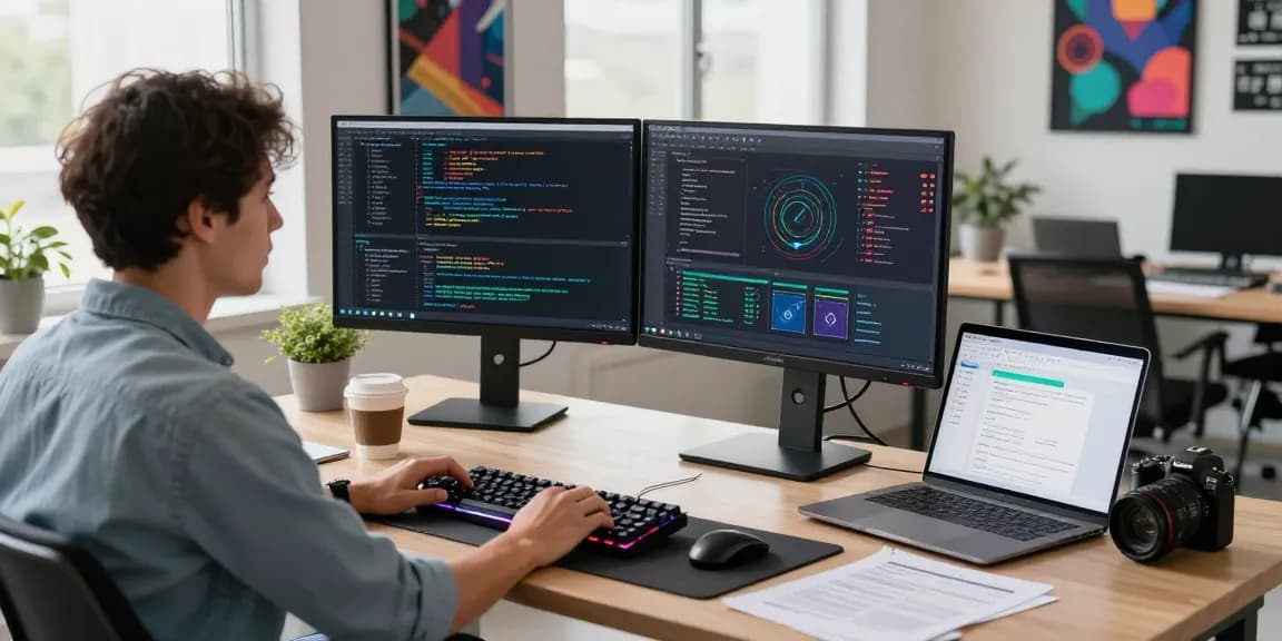 快连 network optimization software development setup showcasing dual monitors with code in a modern office environment