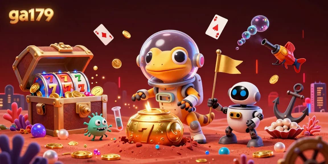 Experience the excitement of ga179 with a Martian gecko exploring a golden casino, surrounded by floating slot reels.