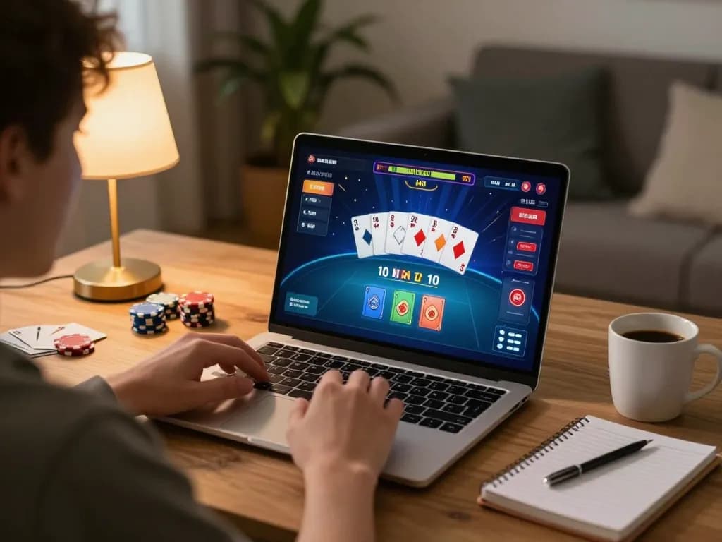 O8 players strategizing poker bets in a cozy home gaming setup with vibrant online interface.