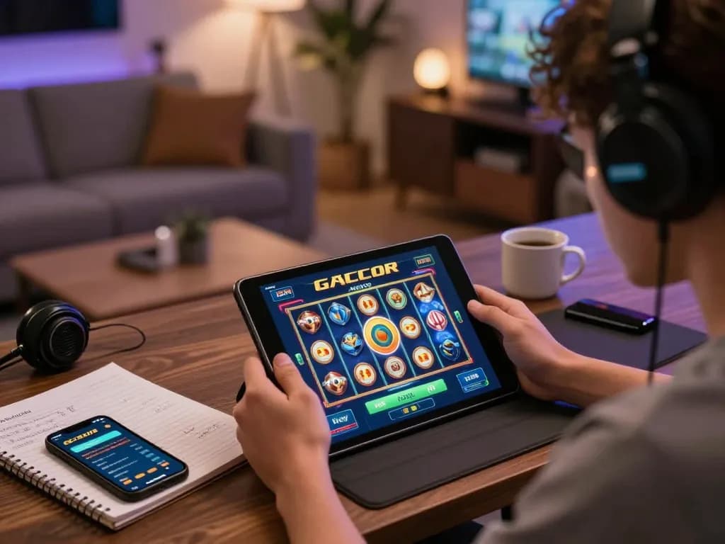 Engaged player exploring slot gacor options on a tablet in a cozy home gaming setup.