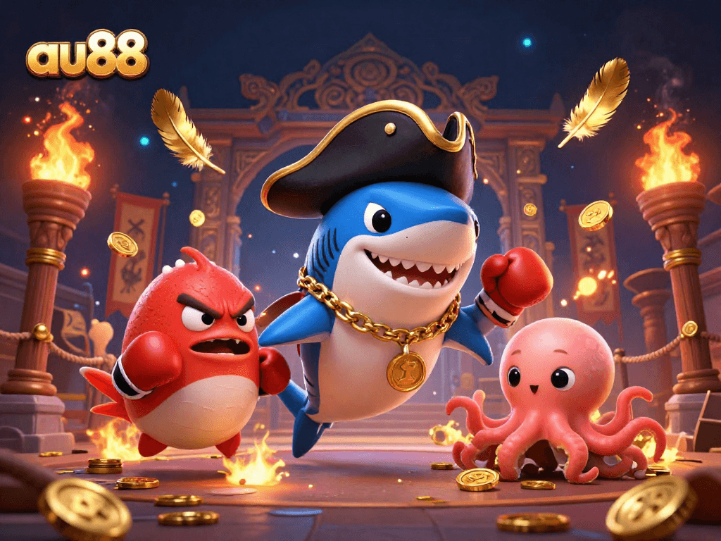 Engage with au88's vibrant casino adventure featuring characters in a dynamic pirate-themed scene.