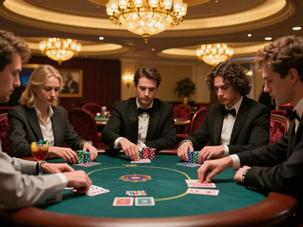 Players strategizing at a high-stakes poker table at Go99 VIP area, showcasing luxury and excitement.