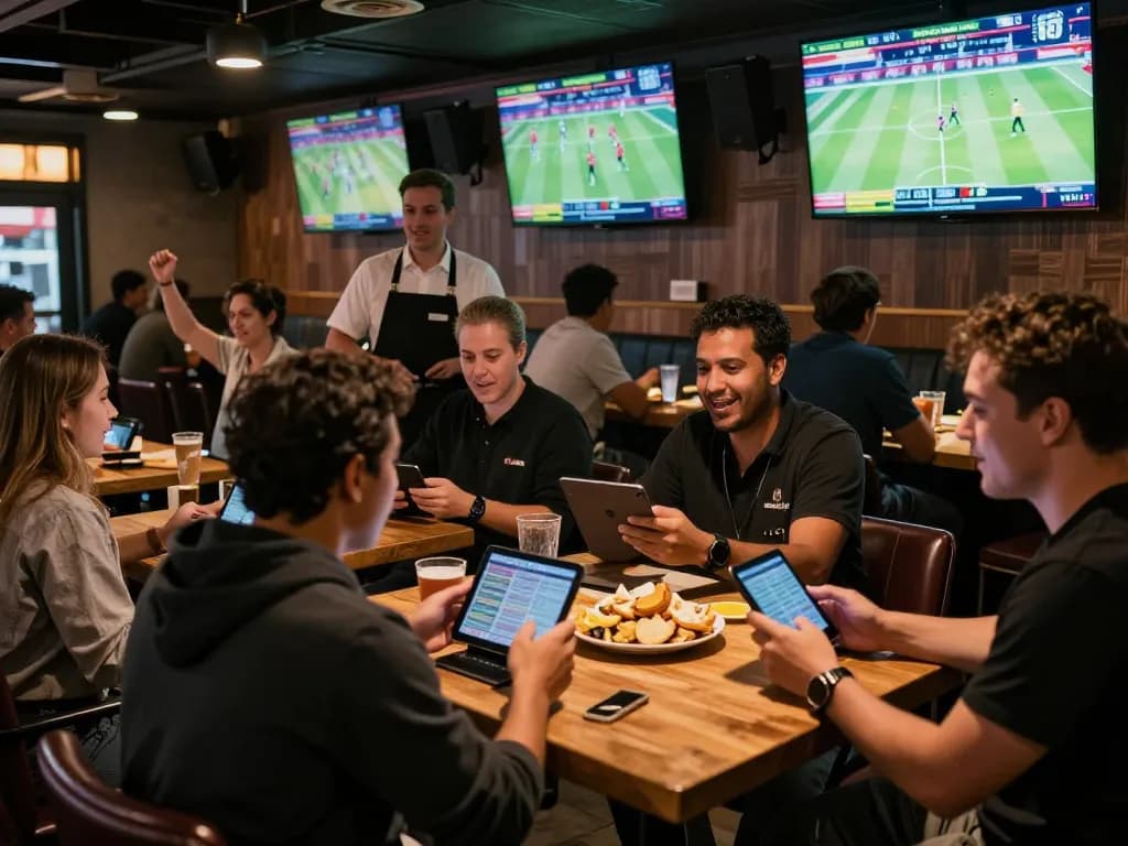 Engaging scene of keonhacai sports bettors excitedly placing wagers at a lively sports bar.