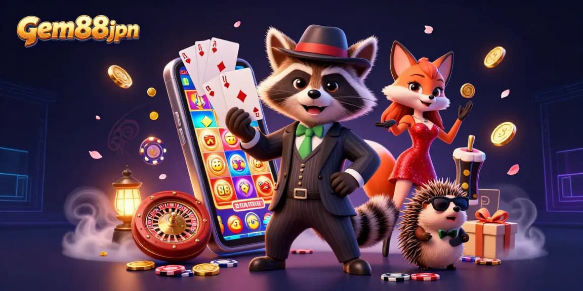 Play at gem88jpn while experiencing thrilling casino games with a raccoon, fox, and hedgehog.