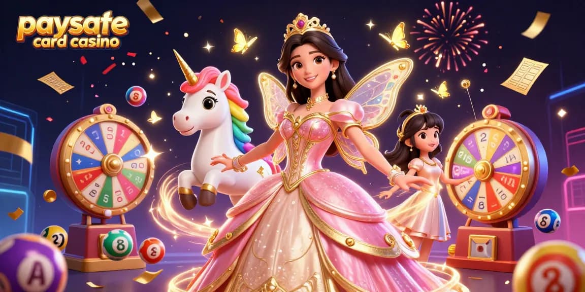 Illustration eines Paysafe Card Casino mit einer glamurösen Frau und einem goldenen Einhorn, dynamischen Spielelementen und buntem Konfetti.