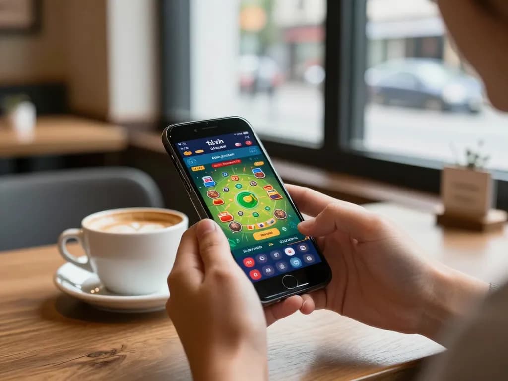 Engaging app tài xỉu online uy tín displayed on smartphone, emphasizing dynamic mobile gaming experience in urban café setting