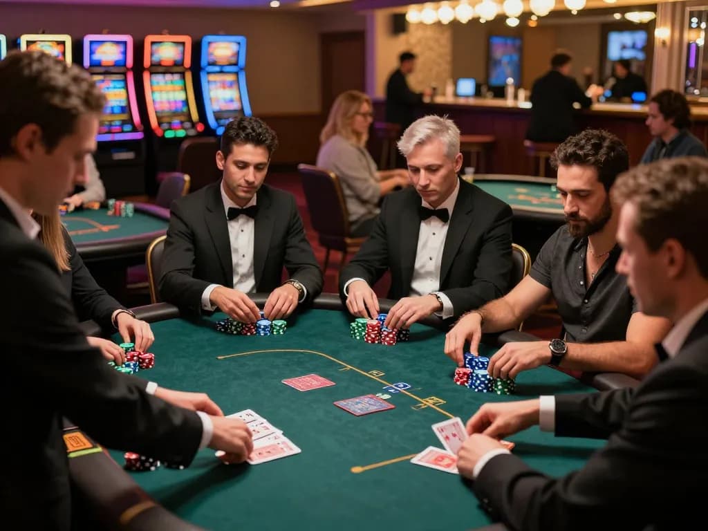8day poker scene showing players immersed in strategy and excitement at a lively casino table.
