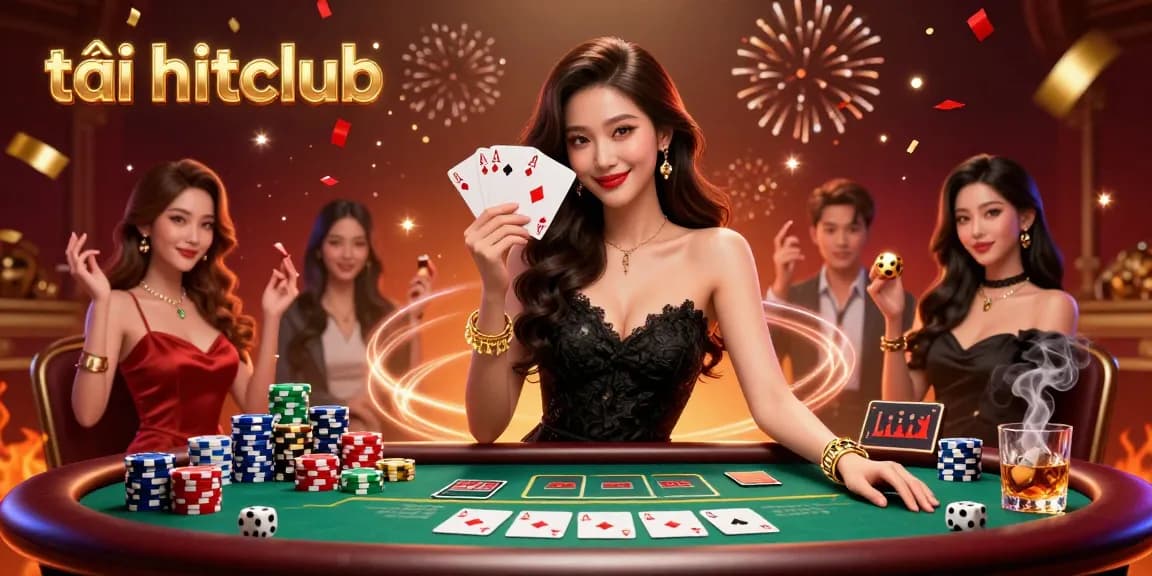 Experience the excitement with tải hitclub as an elegant woman showcases poker cards in a luxurious casino.