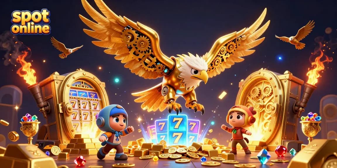 Mainkan slot online dengan ilustrasi 3D burung elang emas dan elemen permainan yang mengagumkan.