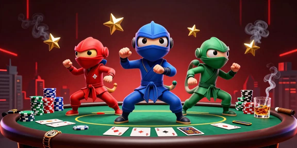 Synchronized martial arts poses of the sx88 chameleon team among poker chips and cards.