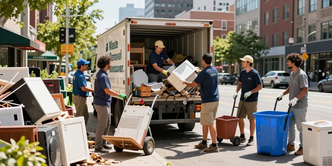 Eco-friendly waste removal professionals in Vancouver loading discarded items into a truck during a bright urban day.