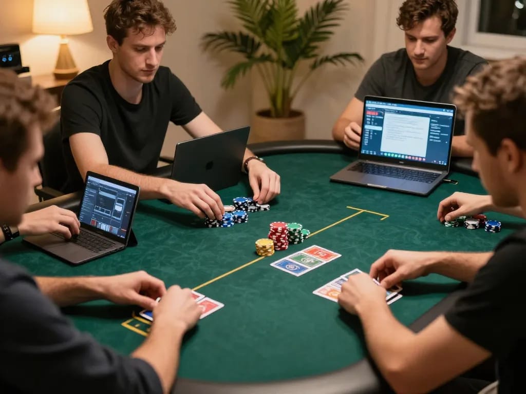 Players enjoying ee88 online poker with chips and cards during a cozy at-home game session