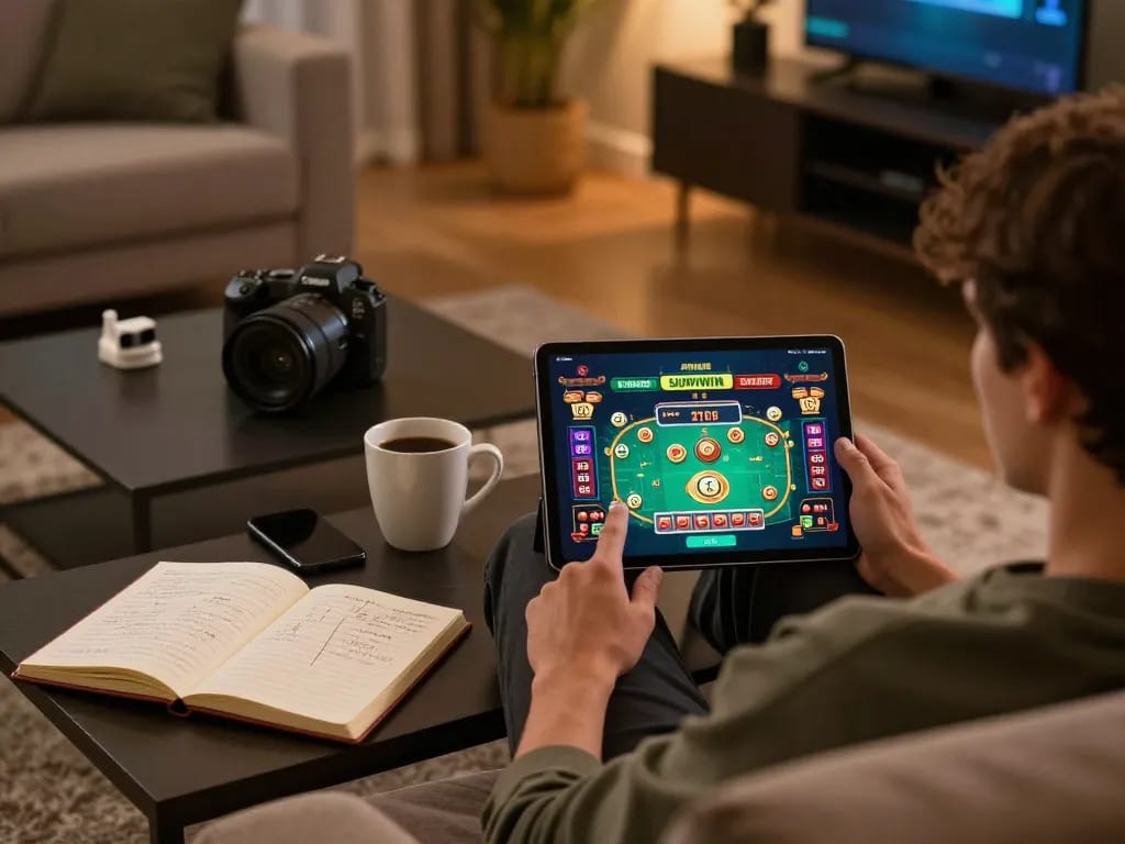 Sitting comfortably while playing SUNWIN LINK MỚI on a tablet in a cozy room.