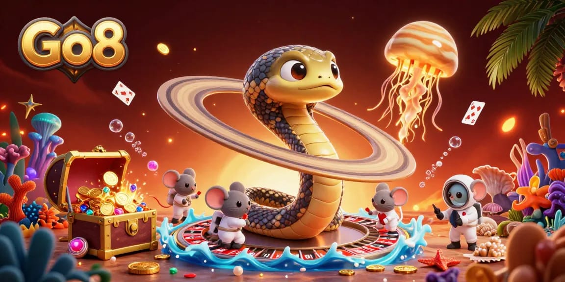 Engage with Go8's lively casino scene featuring a Saturn ring snake roulette and betting astronaut mice.