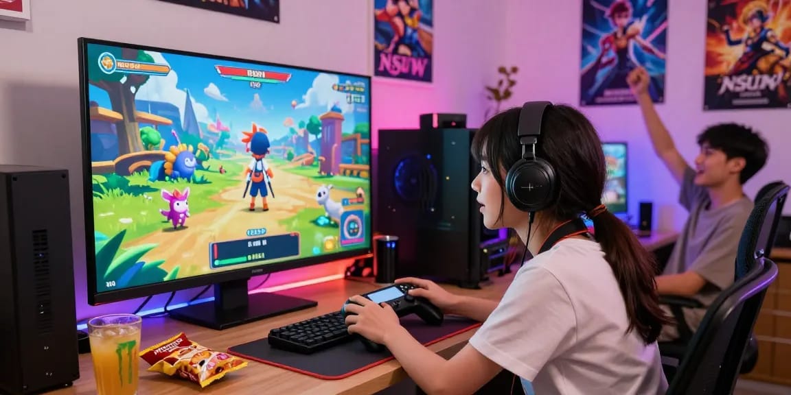 Engaging ecchi simulator scene featuring a character enjoying vibrant fantasy interactions in a lively gaming setup.