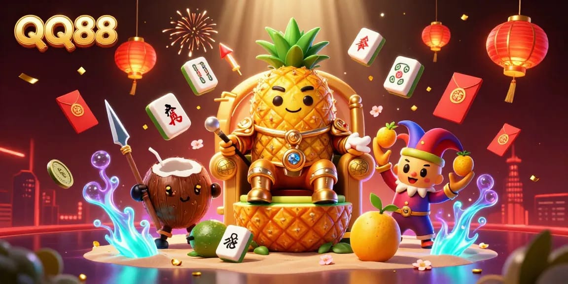Experience the vibrant energy of QQ88's casino with a golden pineapple king and lively characters.