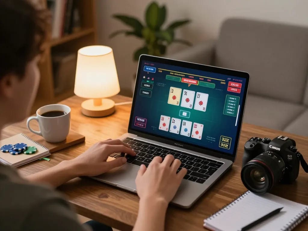 Player engaging in live dealer blackjack at home using 88vv gaming platform on laptop.