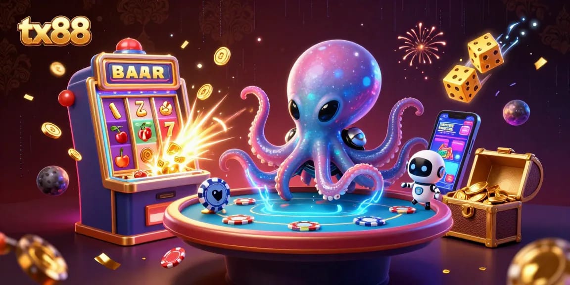 Experience thrilling gaming action at tx88 with an alien octopus playing poker amidst cosmic casino excitement.