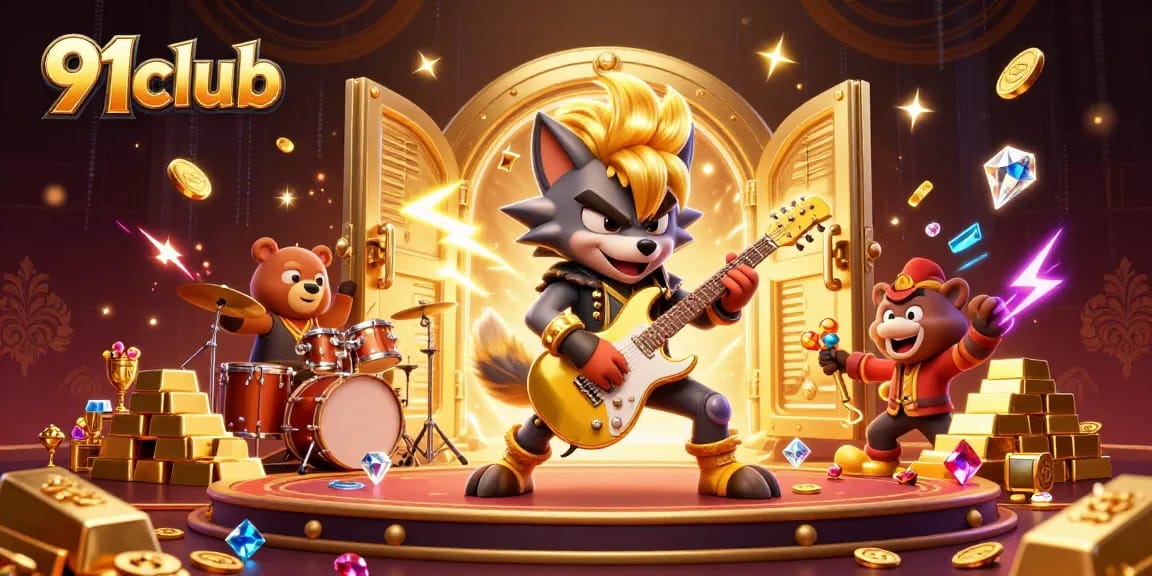 91club rock star wolf captivates with electric guitar amidst casino treasures and vibrant energy.